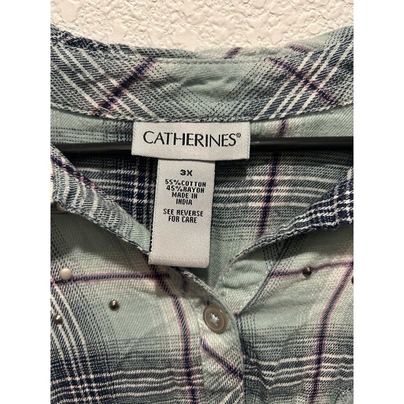Catherines Button Up Shirt Womens 3X Blue Plaid Rhinestones Lightweight Beachy - Picture 7 of 7